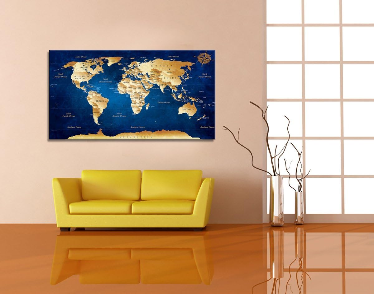 Wall Art blue map of the world Painting Ready to Hang -20 x 40 Pieces Large Framed wall art world Map Canvas Art Map wall decorations Artwork Prints