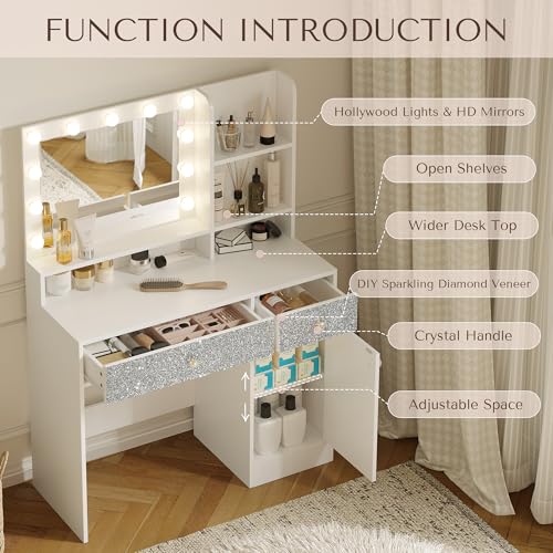 Vanity Desk with Mirror and Lights, Diamond Edition Vanity Desk, Makeup Vanity Table with 3 Drawers & 5 Open Shelves