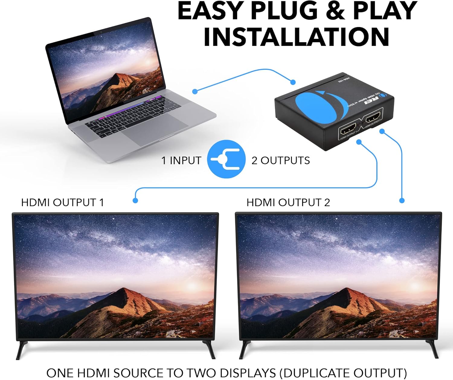 OREI HDMI Splitter 1 in 2 Out 4K - 1x2 HDMI Display Duplicate/Mirror - Powered Splitter Full HD 1080P, 4K @ 30Hz (One Input To Two Outputs)
