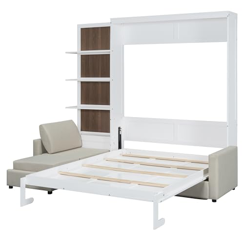 Harper & Bright Designs Queen Size Murphy Bed, Wood Queen Wall Bed with Sofa and Shelves, White