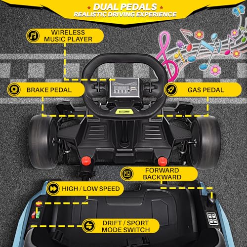 Blitzshark 24V Kids Go Kart 300W Powerful Drift Kart Electric Pedal Kart Outdoor Race Toy, with 2X150W Strong Motor, 7AH Big Battery