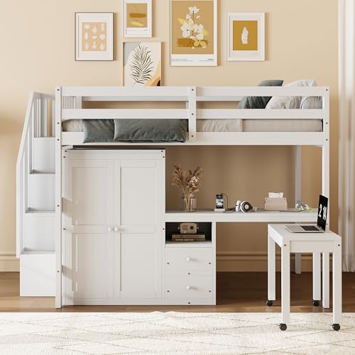 Harper & Bright Designs Twin Size Loft Bed with Stairs and Bookshelf, Wood Twin Storage Bed with Desk & Wardrobe