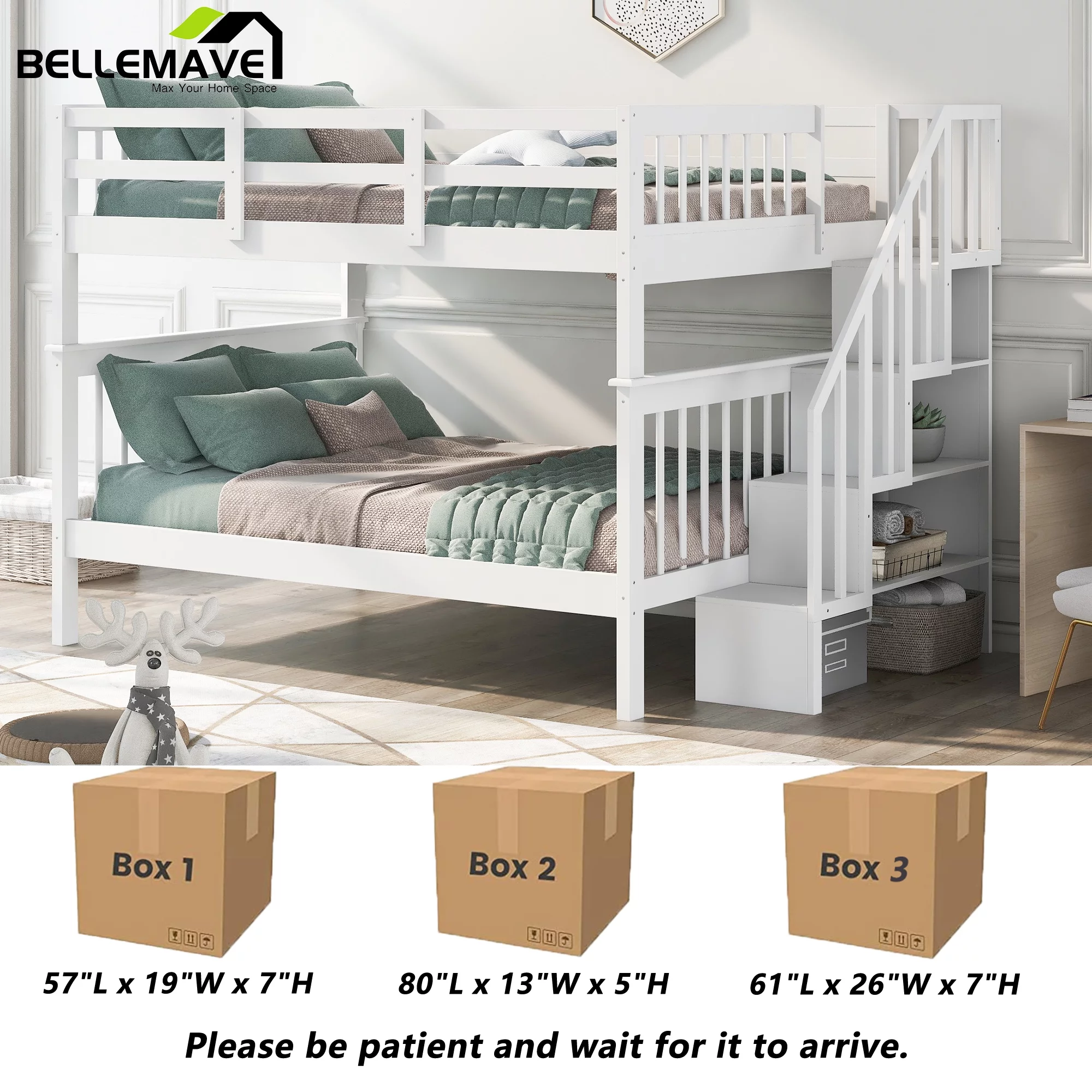 BELLEMAVE Full over Full Bunk Beds for Kids, Kids Bunk Beds with Storage Stairs and Full-Length Guardrail, Convertible Into 2 Bed