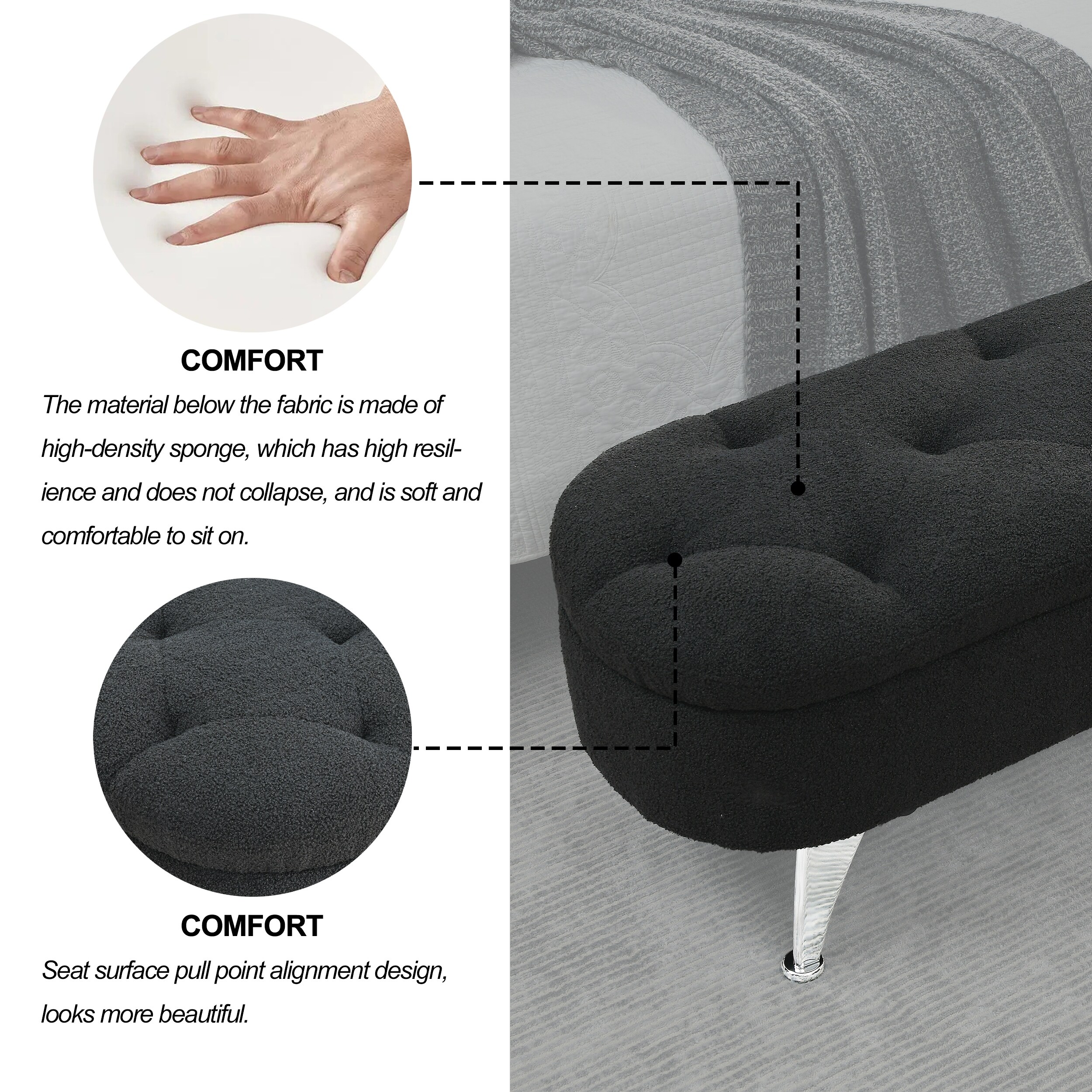Length 45.5 inches Storage Ottoman Bench Black teddy
