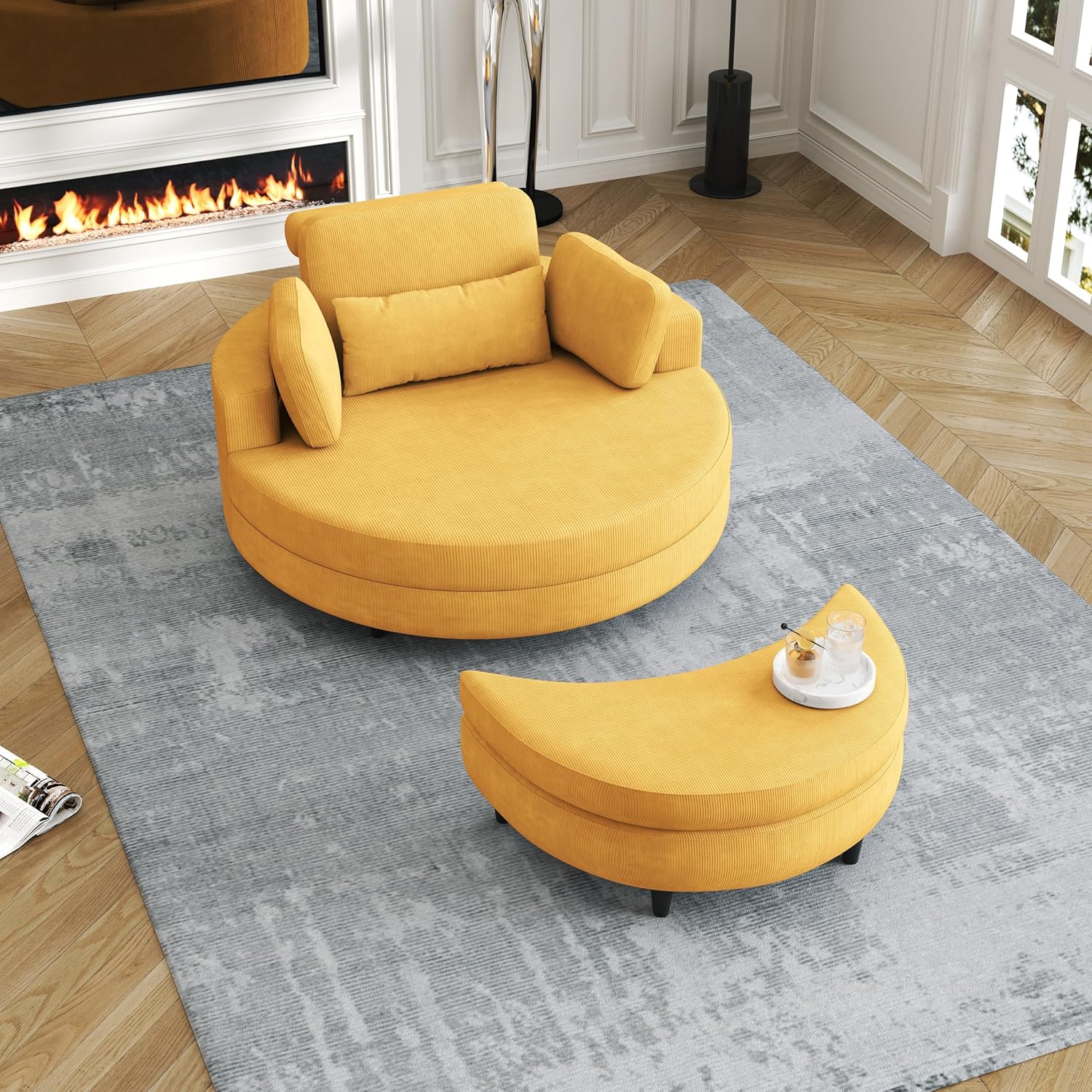 Oversized Accent Barrel Chair Soft Corduroy Upholstery Round Leisure Armchair w/Adjustable Headrest,4 Pillows