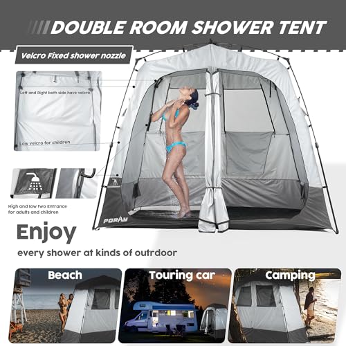 Camping Shower Tent Deluxe Changing Room Easy Set Up Privacy Shelter,Large Toilet Tent 2 Rooms with Floor Drain Design for Beach, Camping