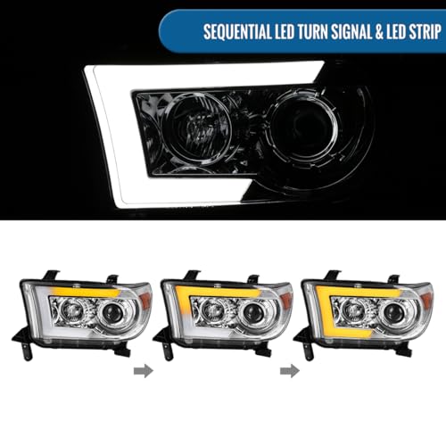 Fits 2007-2017 Toyota Tundra Sequoia Projector Headlights LED Switchback Sequential Turn Signals Replacement Assembly Pair | Black