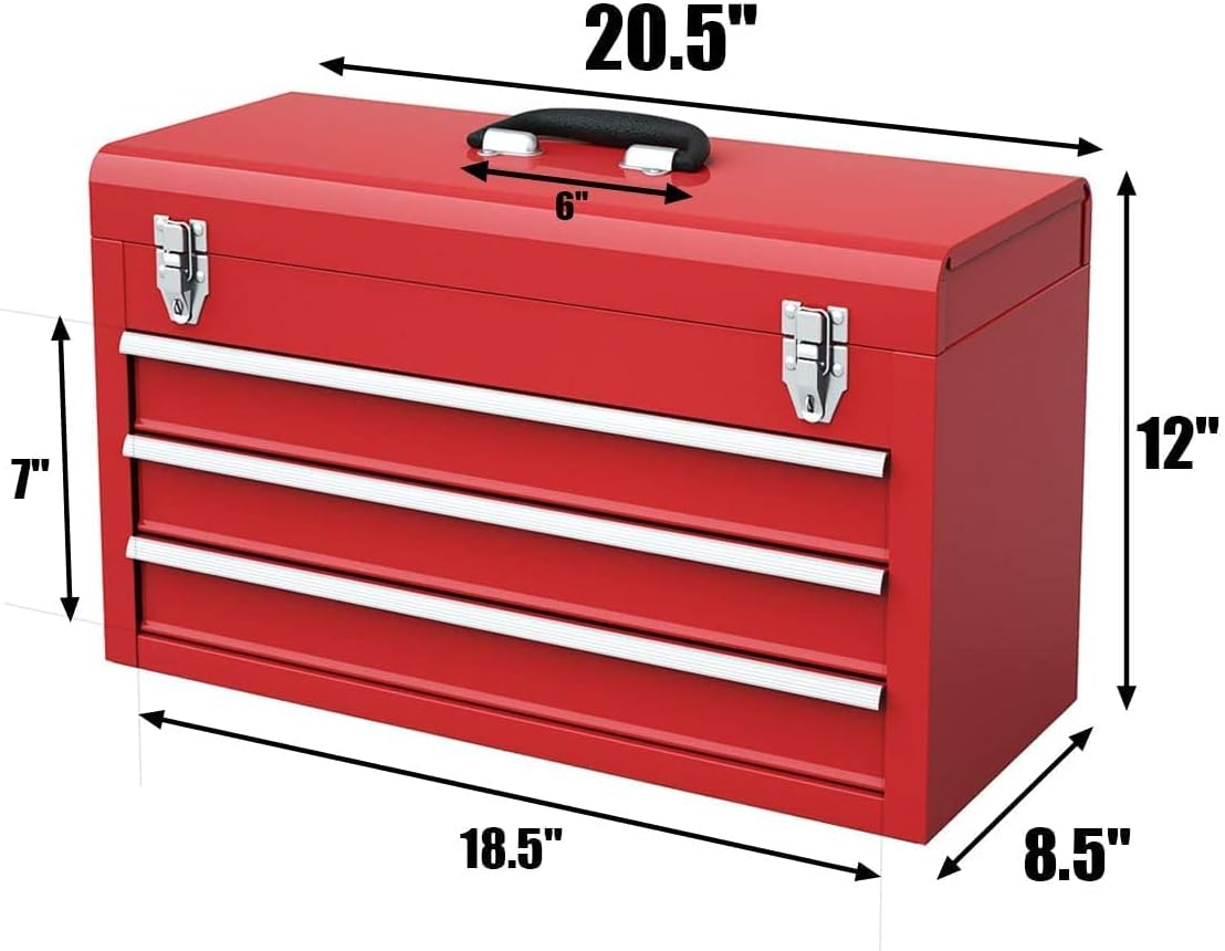 Happytools Portable Tool Box, Lockable Steel Tool Chest Cabinet w/ 3 Drawers & Top Tray, 3-Drawer Toolbox for Household, Warehouse, Repair shop