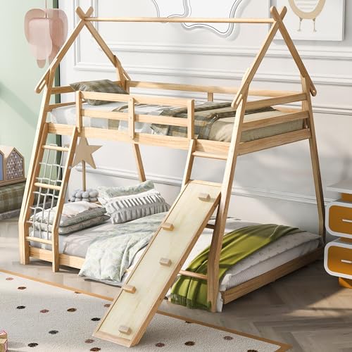 Twin House Loft Bed with Removable Storage Shelves, Wooden House Roof Frame with Under Bed Shelving Storage Unit, Guardrails and Ladder
