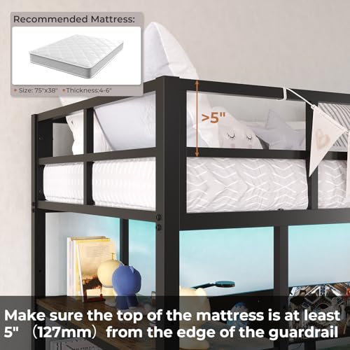 DICTAC Loft Bed Full Size with L-Shaped Desk and Charging Station Full Metal Bed Frame with LED Lights,Open Shelves and 3 Fabric Storage Drawers