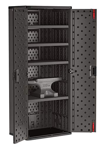 Suncast 19 Cubic Ft. Heavy-Duty Resin Cabinet with Lockable Handles, Multi-Wall Construction, and Metal-Reinforced Shelves for Basement
