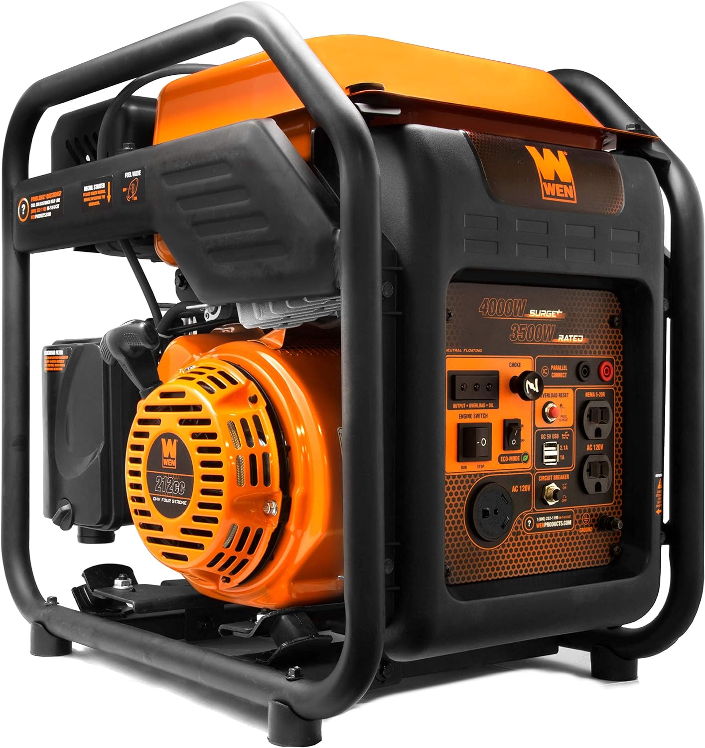 WEN GN400i RV-Ready 4000-Watt Open Frame Inverter Generator, CARB Compliant, Black/orange