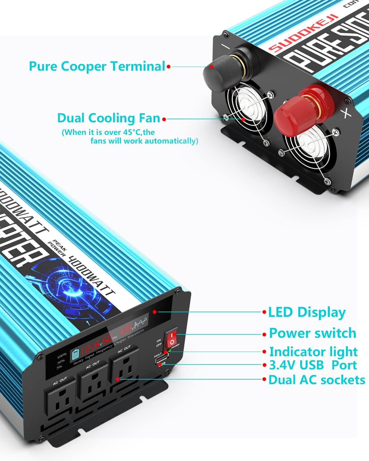 2000W Pure Sine Wave Power Inverter 12V DC to AC 110V/120V Converter for Home, RV, Solar Inverter 12V to 110V, 3 Outlet Car Inverter