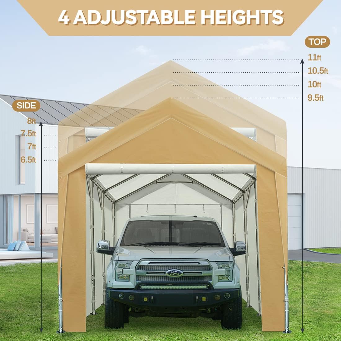 ADVANCE OUTDOOR Adjustable 10x20 ft Heavy Duty Carport Car Canopy Garage Shelter Boat Party Tent, Adjustable Heights from 9.5ft to 11.0ft
