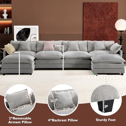 Ihanherry 111.4" U Shaped Modern Cloud Sofa Modular Sectional Couch with 2 Ottoman, 5-Seat Chenille Deep Seat Sofa with Pillow for Living Room