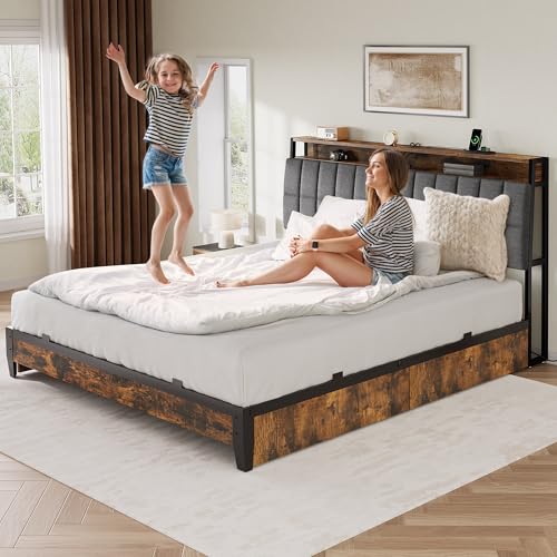 YITAHOME Queen Size Bed Frame with RGB LED Lights and 4 Drawers, Upholstered Platform Bed with Charging Station and Storage Headboard