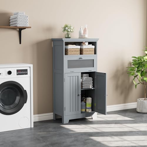 ChooChoo Bathroom Floor Storage Cabinet with Flip Glass Drawer, Freestanding with 2 Doors, Adjustable Shelf & 1 Open Storage for Living Room, Hallway