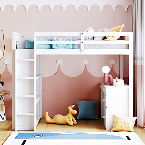 Harper & Bright Designs Full Size Loft Bed with Wardrobe and Desk, Solid Wood Loft Bed Frame with Storage, for Kids Teens Adults (Full Size, White)