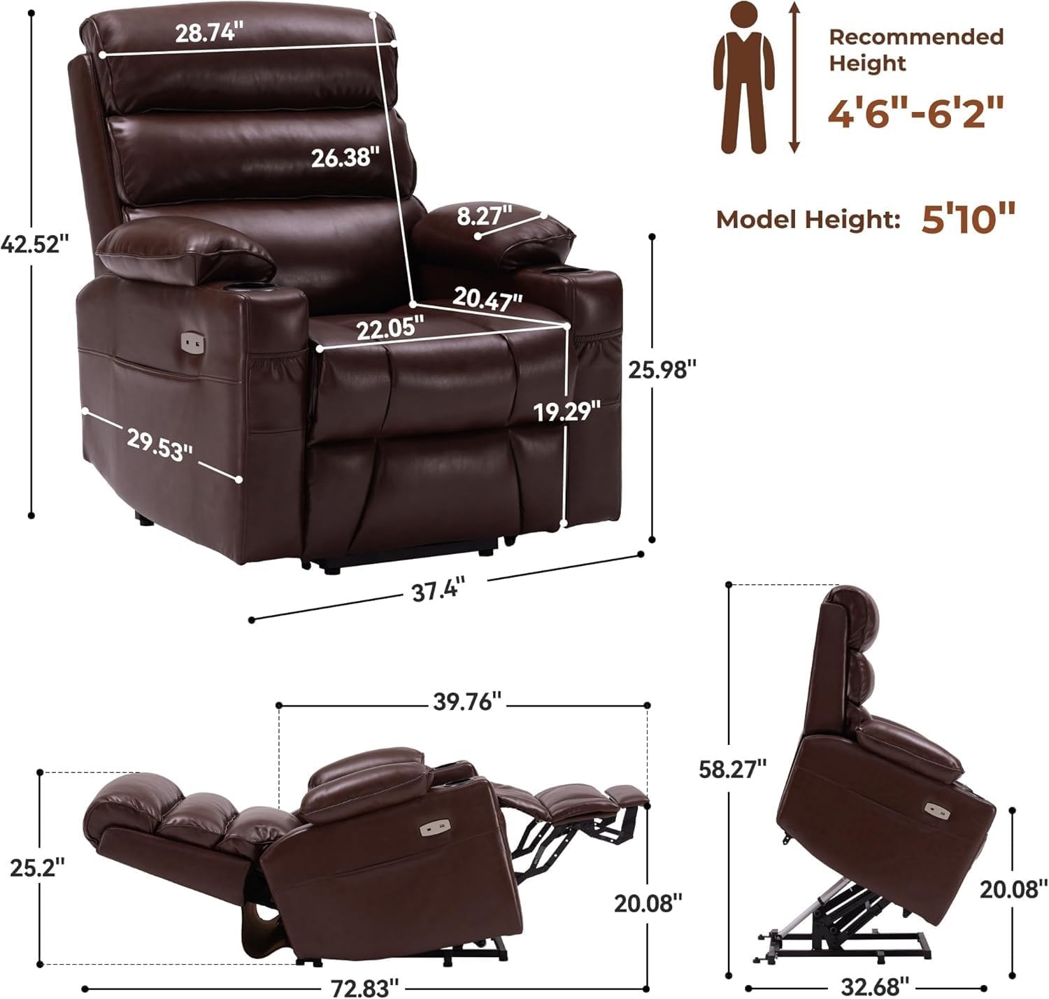 Leather Power Lift Recliner Chair for Elderly with Massage and Heated, Electric Lift Chair for Seniors, Cup Holders, Side Pocket and USB Port