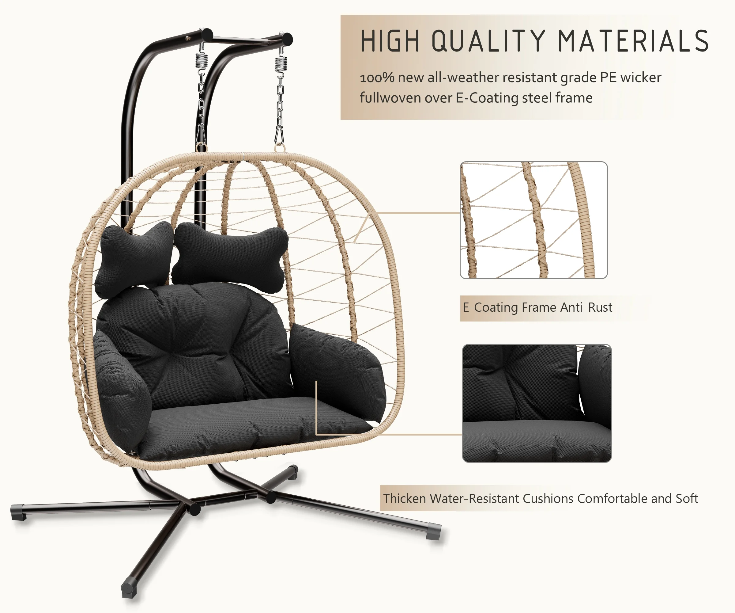 Esmlada Double Wicker Swing Egg Chair Hammock Foldable Hanging Loveseat with Stand, UV Resistant Removable Cushions, 700LBS Capacity for Bedroom