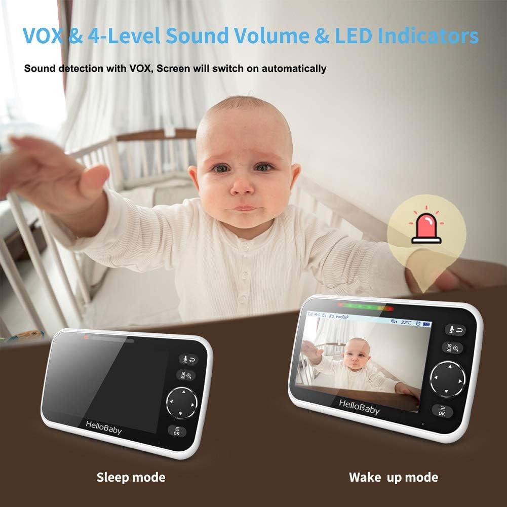 Video Baby Monitor with Camera and Audio, 5 Color LCD Screen, HelloBaby Monitor Camera, Infrared Night Vision, Temperature Display, Lullaby