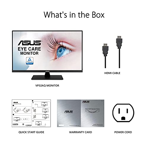 ASUS 31.5” 2K Monitor (VP32AQ) - WQHD (2560 x 1440), IPS, 100% sRGB, HDR10, 75Hz, Speakers, Adaptive-Sync/FreeSync, Low Blue Light, Eye Care