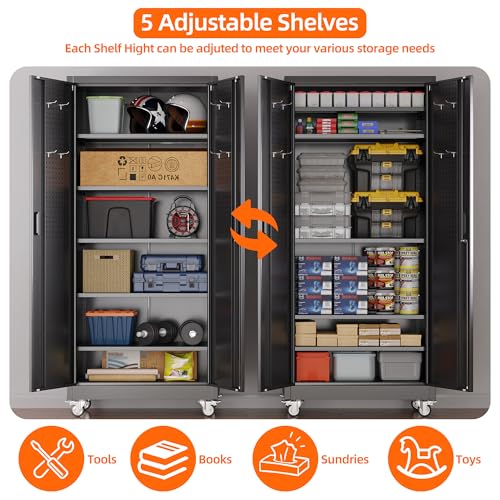Aobabo 71" H×32" W×16" D Metal Storage Cabinet with Wheels, Garage Steel Storage Cabinet with 5 Adjustable Shelves and 4 Hooks for Home Office