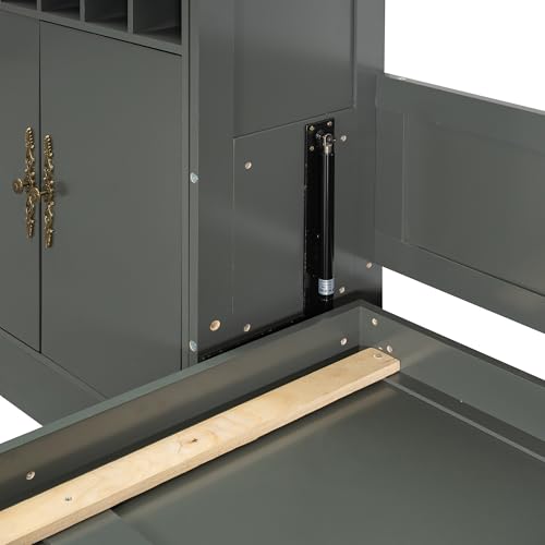 Queen Size Murphy Bed with Sofa, Shelves, USB & Light, Can be Folded Wall Bed and Tall Cabinet with Glass Doors& Wine Rack