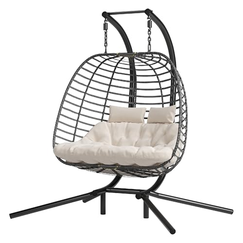 HWB Hanging Egg Chair with Stand, Patio Wicker Hammock Egg Swing Chair with Cushion for Bedroom Garden Indoor Outdoor (Beige)