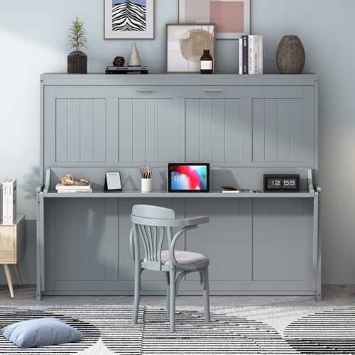 Ball & Cast Queen Size Murphy Bed,Murphy Bed Cabinet W/ 2 Five-Layer Cabinet,Hideaway Wall Bed W/LED Lights,Wood Hidden Bed Frame for Guest Room