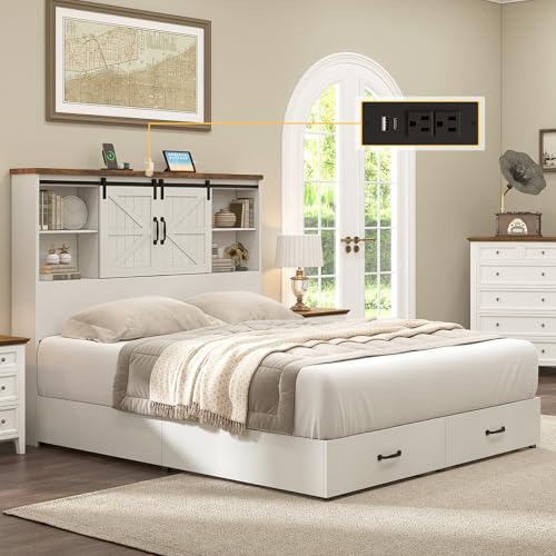 HOWE King Size Bed Frame, Wood Platform Bed Frame with 51.2" Bookcase Headboard, Storage Bed with Sliding Barn Door Charging Station 2 Drawers