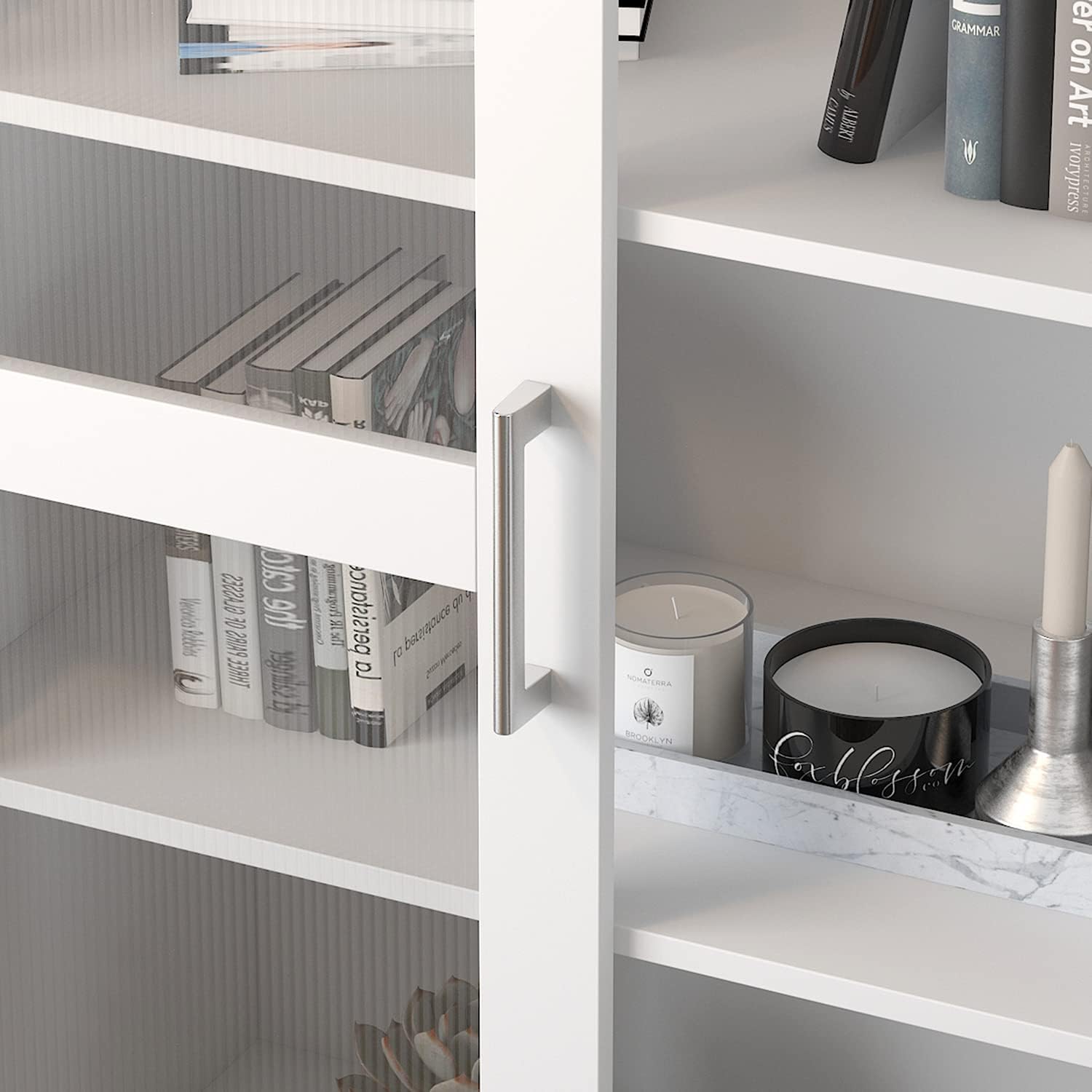 Homsee Bookcase Storage Cabinet with 2 Plastic Glass Doors, 5-Tier Bookshelves Wooden Organizer for Living Room, White (31.5”L x 15.4”W x 72.3”H)
