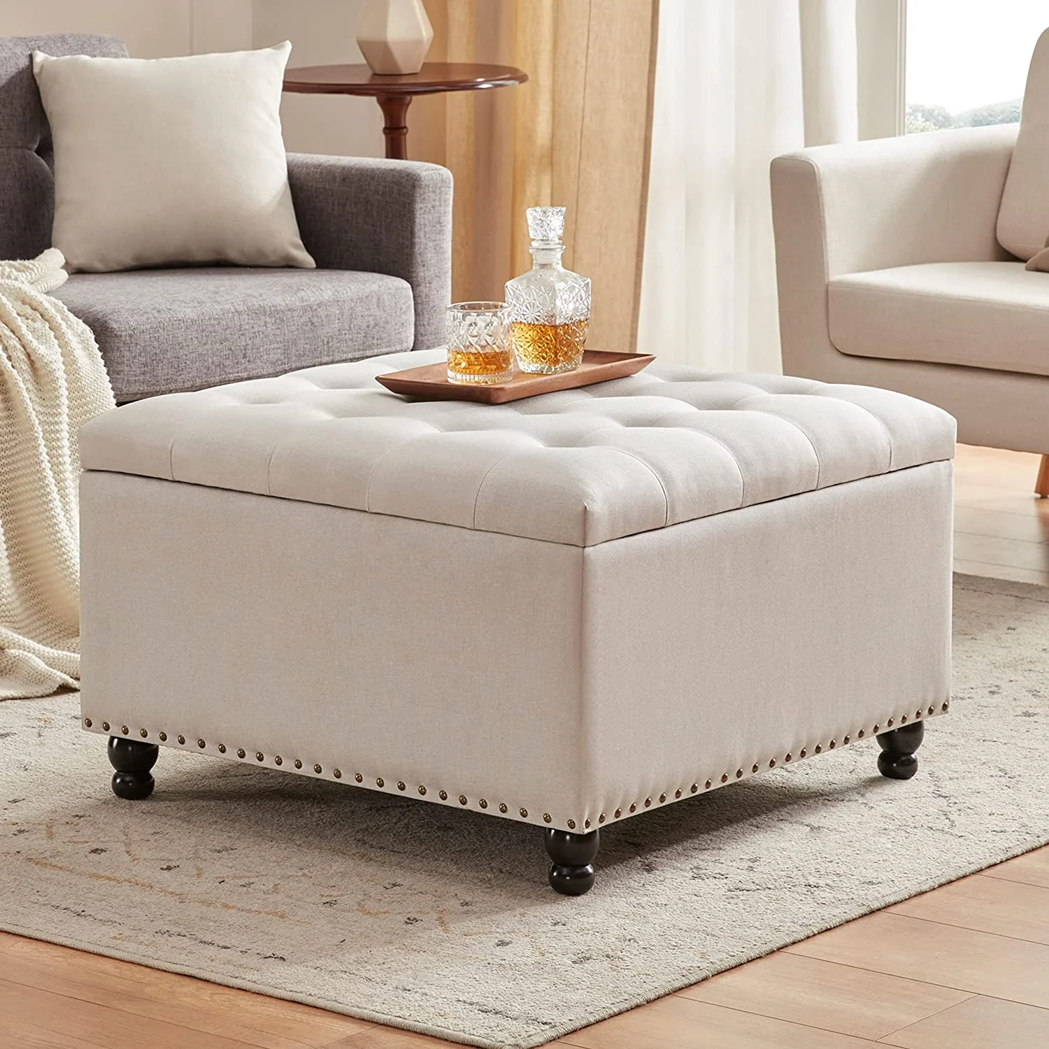 Large Square Storage Ottoman Bench, Tufted Coffee Table Ottoman with Storage, Oversized Storage Ottomans Toy Box Footrest for Living Room, Black