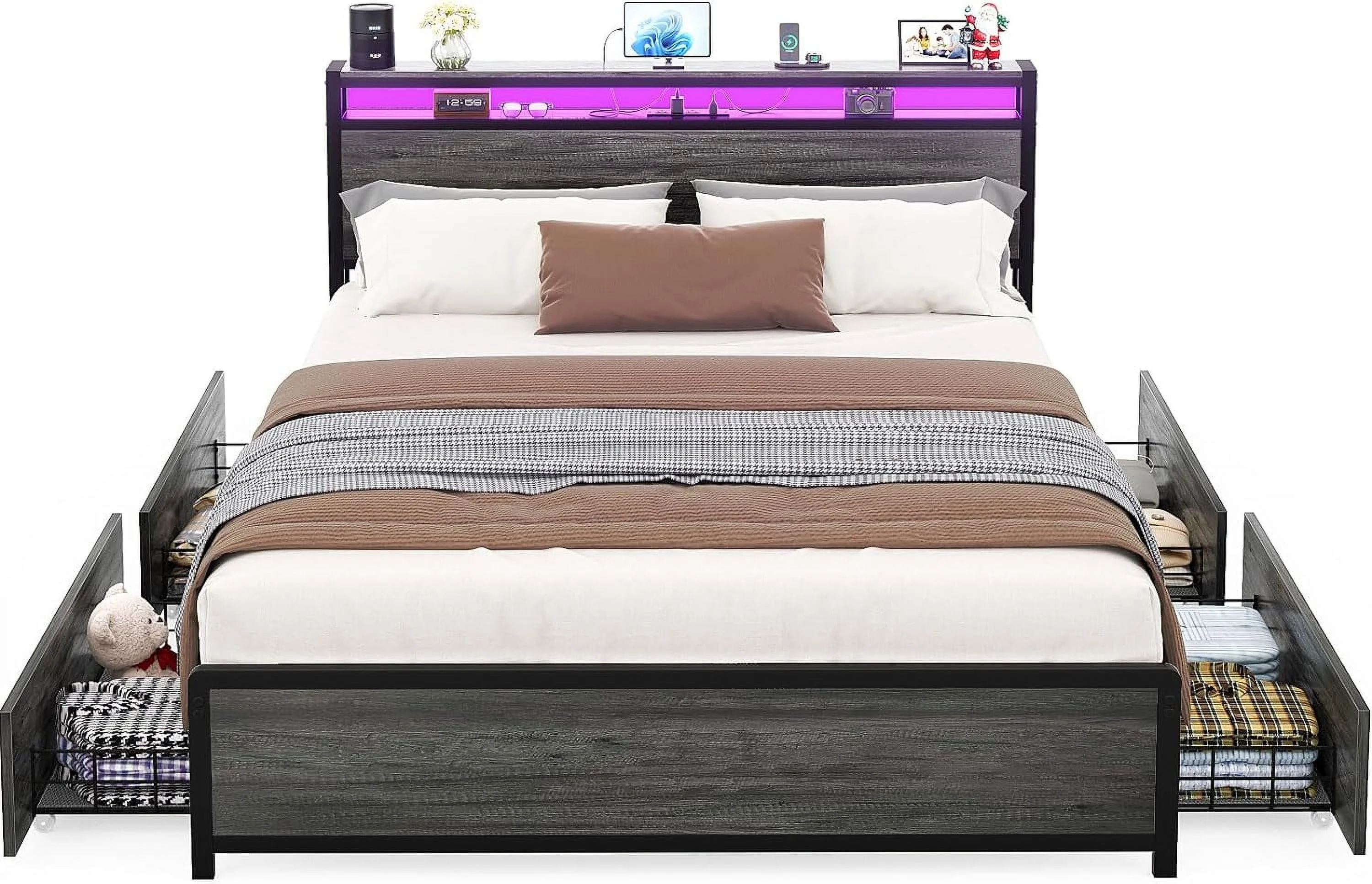 Homieasy Queen Size Bed Frame with LED Lights and 4 Storage Drawers, Industrial Platform Bed with Headboard and Charging Station, Steel Slat Support