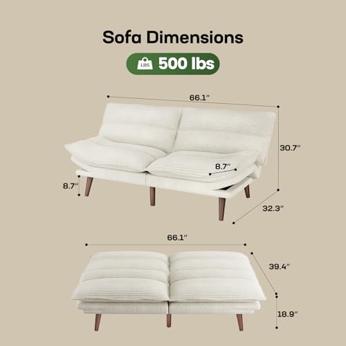 Marsail Futon Sofa Bed, Futon Couch with Adjustable Backrest & Armrests, Convertible Small Sleeper Sofa Bed for Small Apartments, Study Room, Office