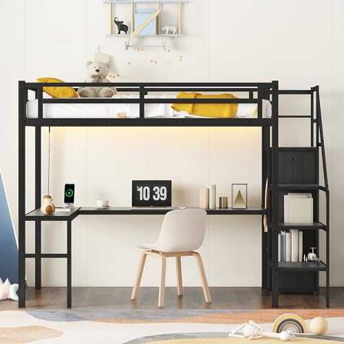 Bellamave Metal Loft Bed with Wardrobe and L-Shaped Desk, Full Size Loft Bed with Storage Cubes and Shelves, Heavy Duty LoftBed for Kids Teens Adults