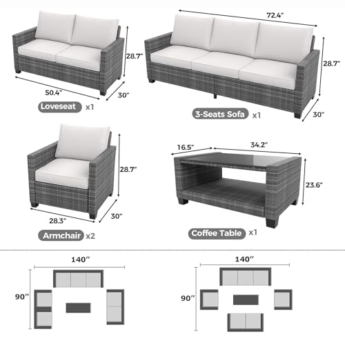 6 Piece Outdoor Patio Furniture Set with Coffee Table, Rattan Deck Conversation Sofa Set
