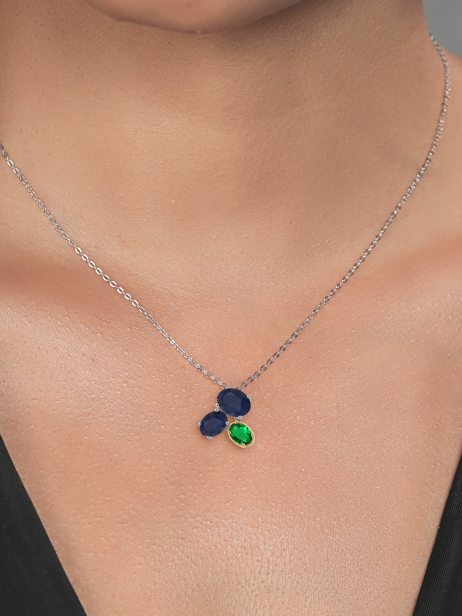 925 Silver and 10K Yellow Gold Blue Sapphire and Green Nano Emerald Pendant Necklace For Women (3.20 Cttw, Oval 8X6MM, 7X5MM and 6X4MM