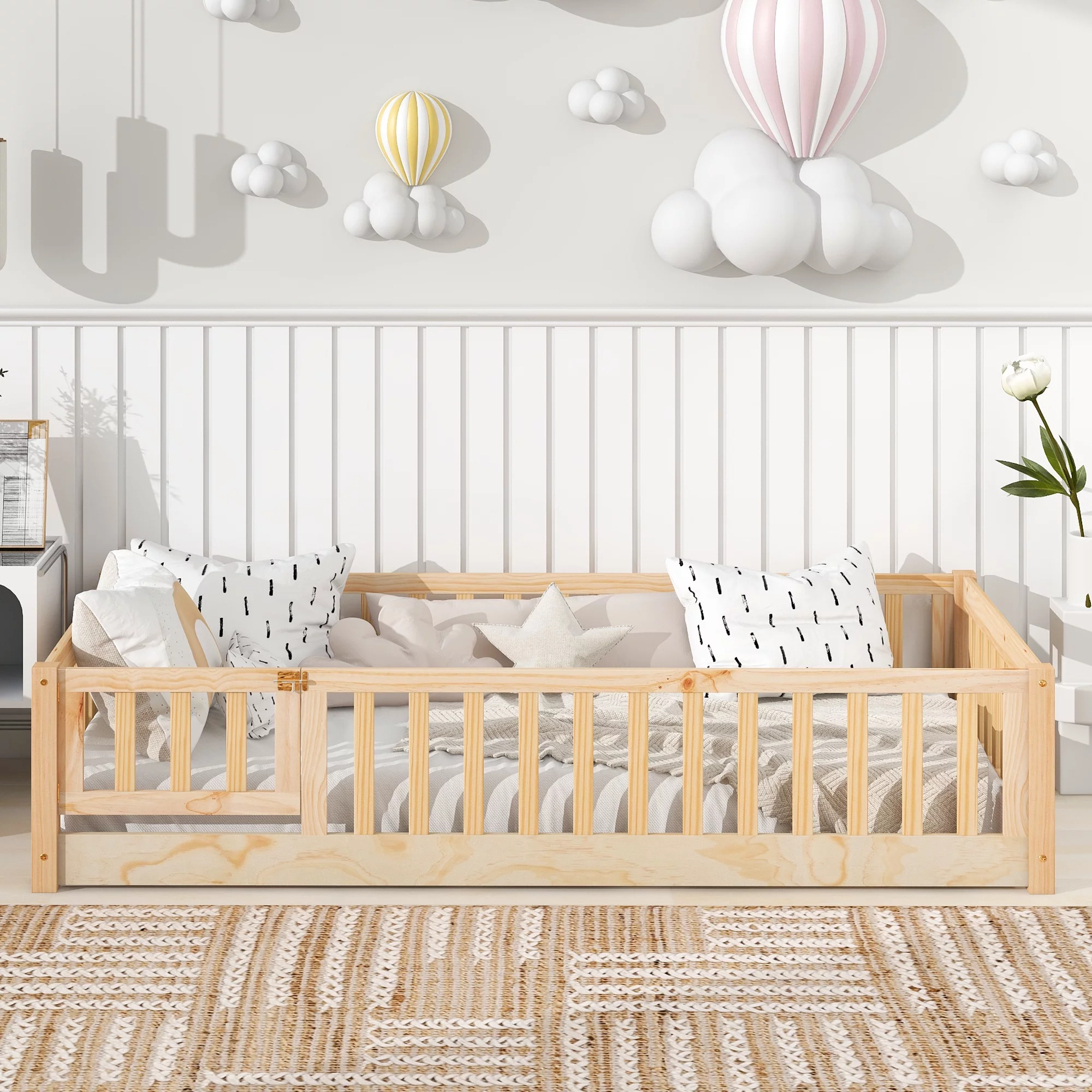 PAPROOS Twin Floor Bed Frame for Toddler, Wood Platform Bed with Wooden Slats, Fence and Door