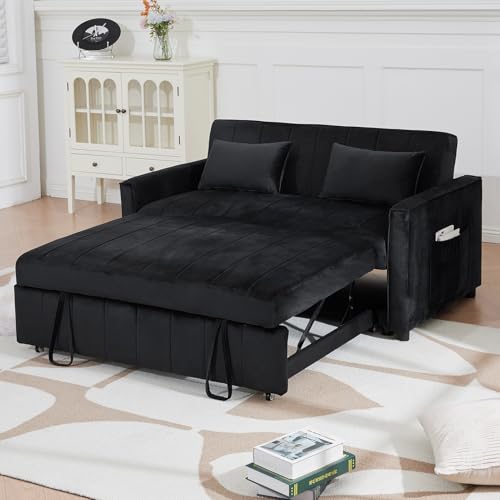 Convertible Sleeper Sofa Bed, 55.51" Modern Velvet 3-in-1 Futon Couch, Pullout Bed with Adjustable Backrest