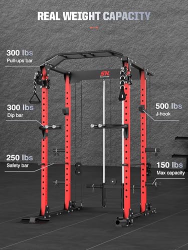 SunHome Power Cage Squat Rack, Multi-Functional Power Rack with Adjustable Cable Crossover System, J-Hooks, Dip Handles, Weight Plate Storage