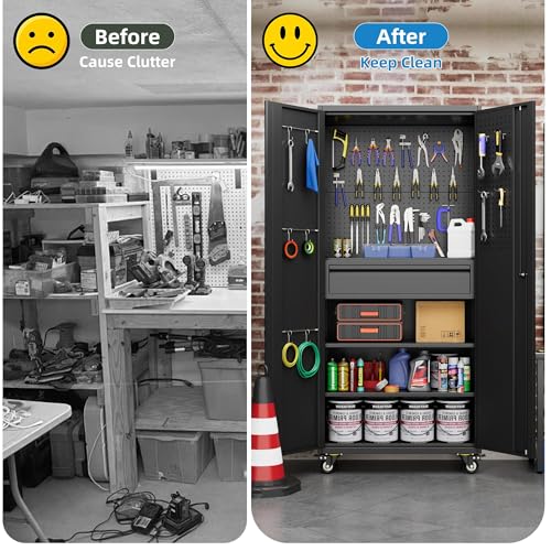 Metal Storage Cabinet with Wheels, 73" H Rolling Garage Cabinets with Locking Doors and Adjustable Shelves for Home Office, Basement, Pantry, Workshop