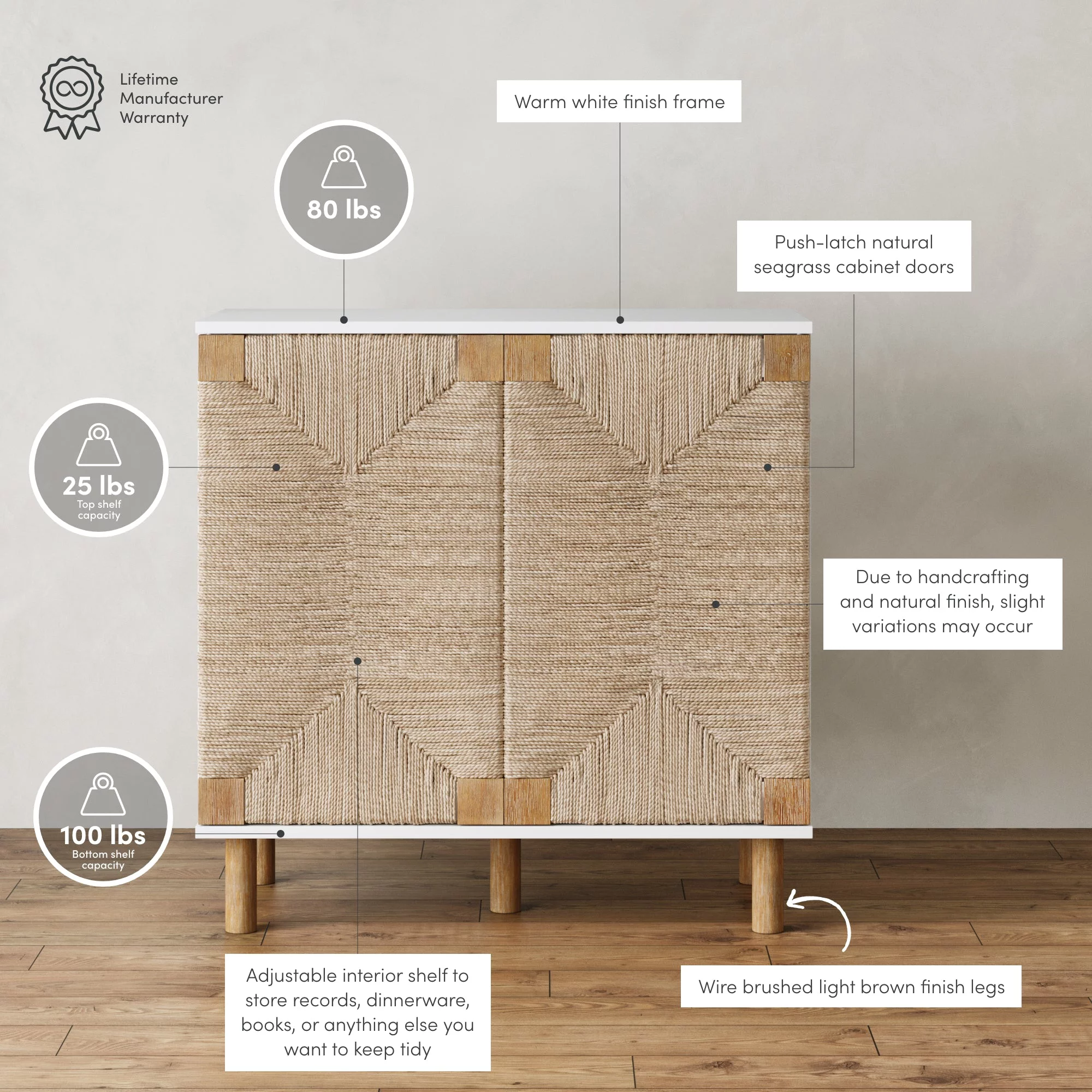Nathan James Beacon Accent Natural Cabinet Sideboard, Storage Cabinet with Adjustable Interior Shelf and Seagrass Doors, for Hallway