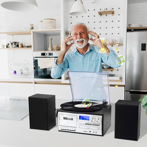 10 in 1 Record Player with External Speakers, 3 SpeedTurntable with AM/FM Radio, CD & Cassette Player, Bluetooth, USB/SD Playback, Remote Control