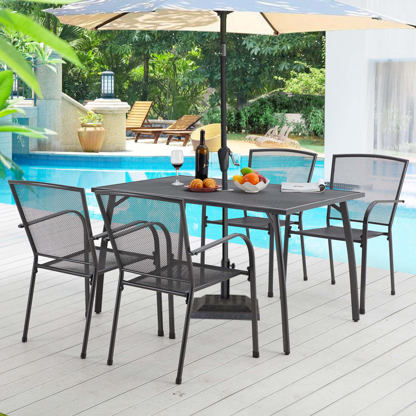 AECOJOY 5-Piece Patio Metal Dining Set with 4 Stackable Chairs-Dark Gray
