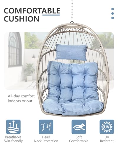 SWITTE Egg Chair Outdoor with Stand, Indoor Wicker Hanging Egg Swing Chair with Cushion, 350lbs Capacity for Patio, Bedroom, Garden - Gray