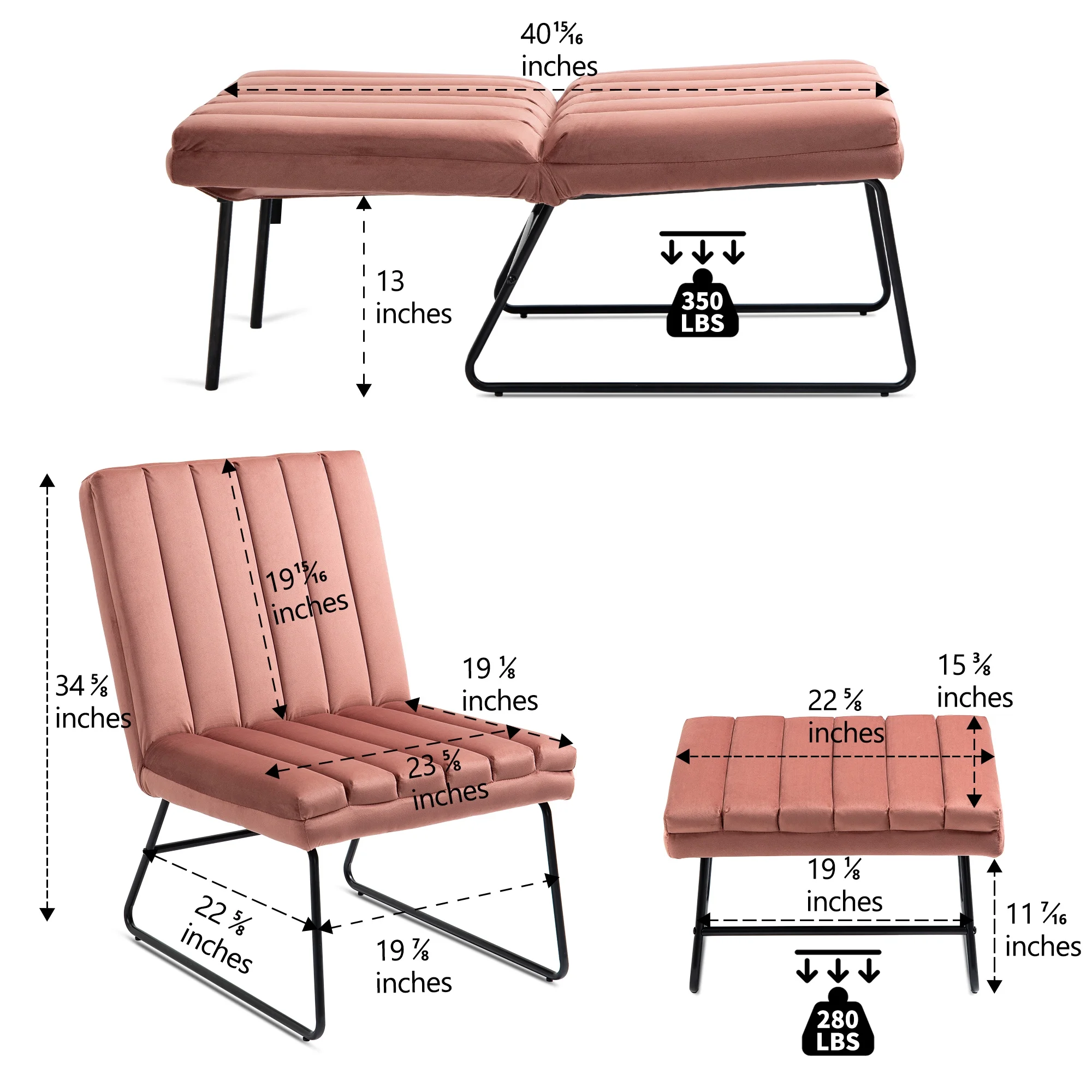 CoSoTower Pink Modern Lazy Lounge Chair, Contemporary Single Leisure Upholstered Sofa Chair Set