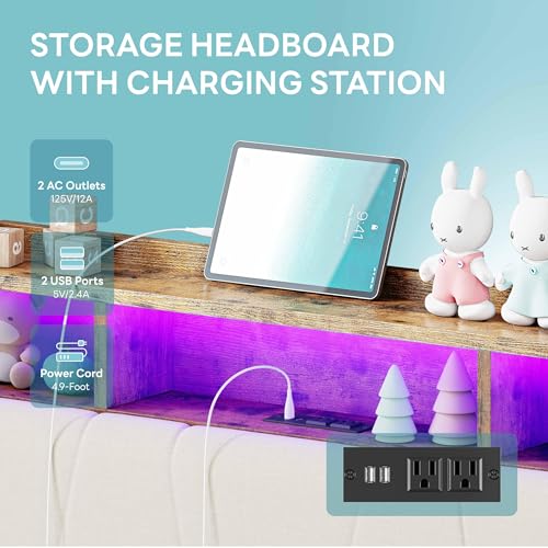 LIKIMIO Twin Bed Frame with 2 Storage Drawers, Charging Station & LED Lights, Upholstered Platform Twin Bed with Storage Headboard