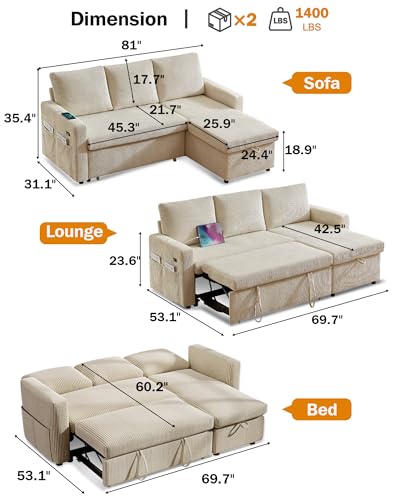 81" Sleeper Sofa Bed with Pull Out Bed, L Shaped Couch Sectional Sleeper Sofa, Pull Out Couch with Reclining Backrest, Reversible Storage Chaise