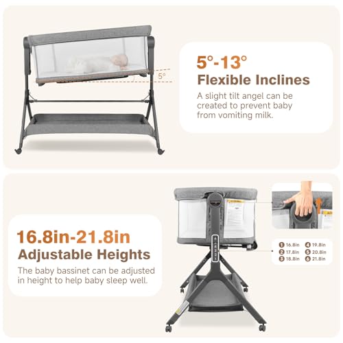 3-in-1 Baby Bassinet, Bedside Bassinet Sleeper, Rocking Bassinet with Comfy Mattress&Breathable Mesh, 6-Height Adjustable